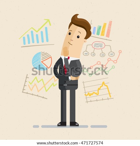 Businessman or manager with charts, diagrams, he is thinking. Infographic, chart statistic, business analysis.  Vector, illustration, flat