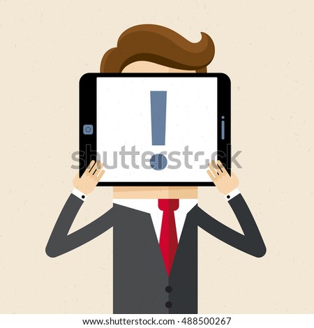 Businessman or manager with tablet and exclamation mark on screen. Social media, networks, community. Vector, illustration, flat