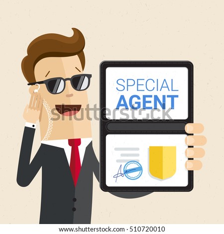 Special services agent shows identity. Man in black. Vector, illustration, flat.