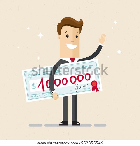 Happy businessman or manager holds a check on one million dollars. Prize, bonus, win, jackpot. Vector, illustration, flat