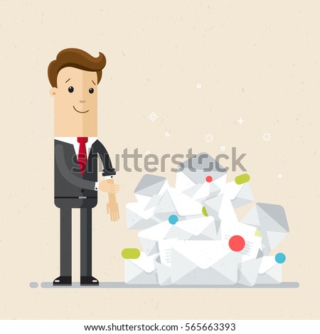 Businessman  or manager is going to check  his working correspondence. A lot of emails, letters. Businessman rolling up his sleeves. Vector, illustration, flat