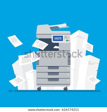 Office Multifunction Printer scanner. A lot of documents and papers  Isolated Flat Vector Illustration