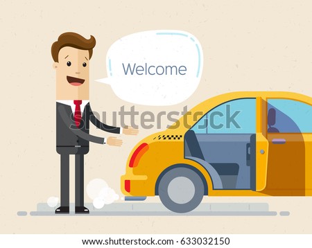 Welcome to the car. Man in business suit, businessman or driver invite somebody to sit in the car on rear passenger seat. Vector, illustration, flat