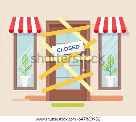 Store shop or cafe is bankrupt and closed. Locked door on a business that has gone bankrupt. Vector, Illustration, flat.