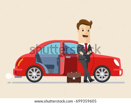 Happy businesstand next to new red car.  Business and finance concept. Vector, Illustration, Flat