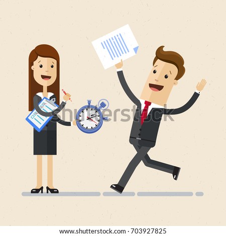 Business woman holds a stopwatch and clipboard in hands, and business man runs to her with a document in her hand. Deadline time concept. Vector, Illustration, Flat
