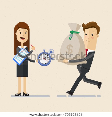 Business woman holds a stopwatch and clipboard in hands, and business man runs to her with a bag of money. Deadline time, production and business plan concept. Vector, Illustration, Flat
