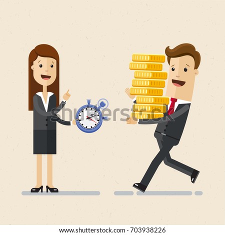 Business woman holds a stopwatch in hand, and business man runs to her with a pile og gold coins. Deadline time concept. Vector, Illustration, Flat