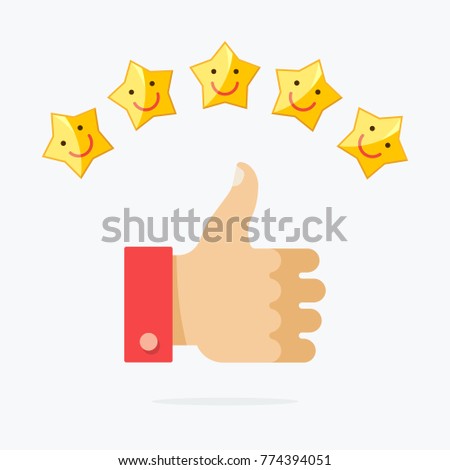 Thumb up and five stars smile. Vector illustration flat
