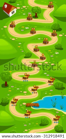 Game background, vertical tileable wallpaper for level select screen, path in the green hills.
