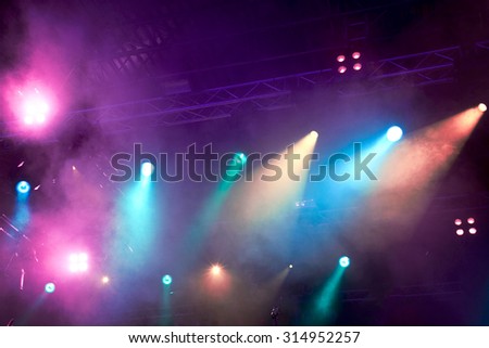 Various blue and pink stage lights in the dark