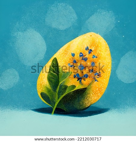 Fresh ripe mango with leaves and little blue flowers. Beautiful modern 3D illustration art painting.