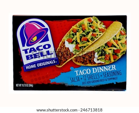 WEST PALM BEACH, FLORIDA - January 24, 2015: Image of a box of Taco Bell Taco Dinner. The box shows the Taco Bell logo and a photo of a taco filled with beef, lettuce, tomatoes, cheese and sour cream.