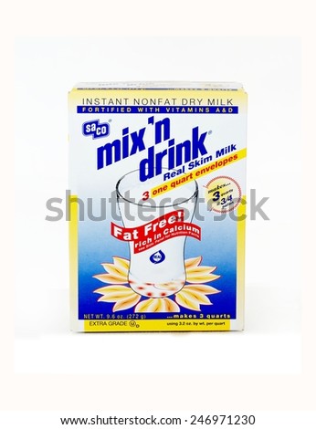 WEST PALM BEACH, FLORIDA - January 25, 2015: Nice Image of Mix \'N Drink powdered milk by Saco Foods, founded by Bartel Sanna in 1973.  The blue and white box has red and yellow accents.