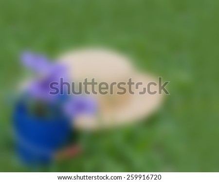 Background blur summer garden theme. Straw hat laying on green grass with purple flower in a blue container. Extra copy space over grass in horizontal composition with summertime concept