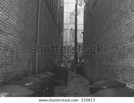 Black and white image of a narrow urban alleyway with garbage cans lined against both sides. Older brick building are on either side. At the end of the alley is a power pole and another building