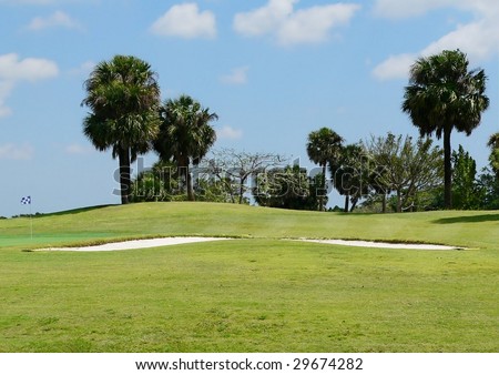 Perfect tropical golf course view includes palm trees, fairway, putting green and sandtraps. It is a sunny day with few small puffy clouds in a bright blue sky. Checkered flag marks the hole.
