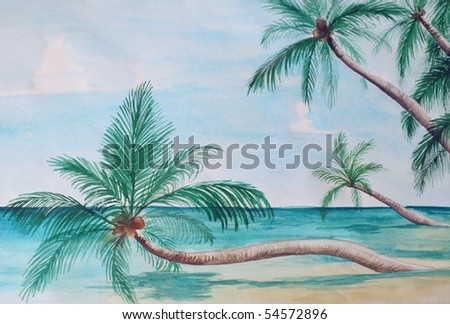 Water color painting of a tropical beach paradise