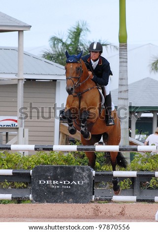 WELLINGTON, FLORIDA - MAR 10: Emanuel Andrade, named Future Champion at WEF, on Cassnova Junior competes in the SFla SportChassis Low Junior Jumper class on March 10, 2012, in Wellington, Florida.