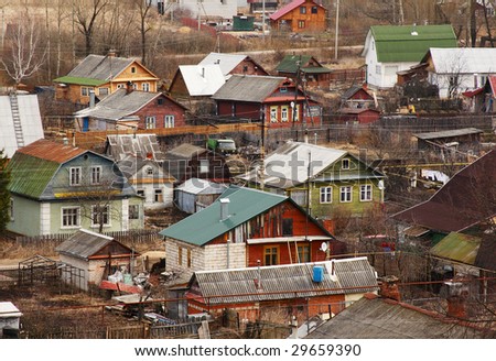 traditional Russian houses in a village. horizontal composition