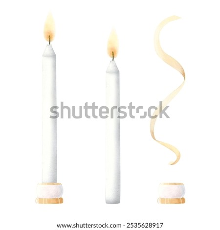 Similar – Image, Stock Photo A burning long white candle in the church behind an ornamental lattice