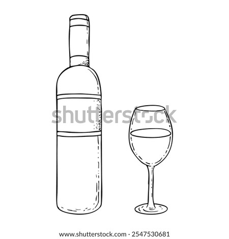 Wine bottle and glass black and white simple vector drawing. Monochrome ink sketch for kosher Kiddush designs and celebrations of Purim, Passover Seder and Shabbat dinner