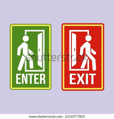 vector illustration of Man enters and exit the room through the door. Sign exit and enter