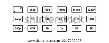 Screen resolution icon set. Monitor size symbol. Hd, FHD, UHD, 4K, 8K screen and TV quality. Vector illustration. 