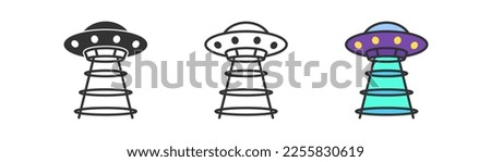 UFO icon on white background. Aduction, invader symbol. Mystery beam, flying alienship. Outline, flat, and colored style. Flat design. Vector illustration