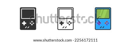 Gaming console icon on light background. Vintage 8-bit games symbol. Retro game gadget sign. Outline, flat, and colored style. Flat design. 