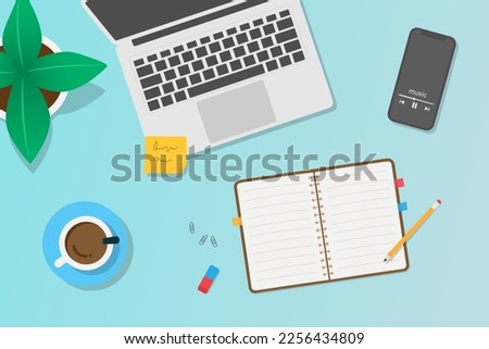 Desktop workspace. Top view of modern workplace. Office supplies, laptop, phone, coffee, plant. Template background.