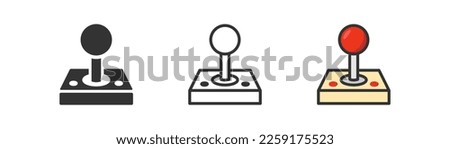 Joystick icon on light background. Retro gaming, 90's symbol. Joypad, game console, vintage, 8bit videogame controller signs. Outline, flat, and colored style. Flat design. 