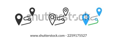 Route distance icon on light background. Road trip, tourism symbol. Two location marks. UI element. Outline, flat, and colored style. Flat design.
