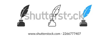 Feather and inkwell icon on light background. Poetry symbol. Literature, calligraphy, education, handwriting, classic writing pen. Outline, flat and colored style. Flat design. 