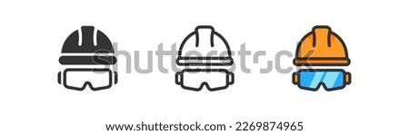 Protection glasses and hardhat icon on light background. Safety first symbol. Worker, builder, helmet, manufacture, engineer, personal protect. Outline, flat and colored style. Flat design. 