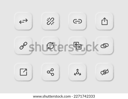 Link icon set in neumorphism style. Icons for business, white user interface. UI, UX. Share symbol. Hyperlink, upload, redirecting, url, website, chain, loading. Neumorphic style. 