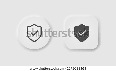Shiled with tick icon in neumorphism style. Icons for business, white user interface. UI, UX. Protect symbol. Safety, check mark, defence, privacy. Neomorphic style.