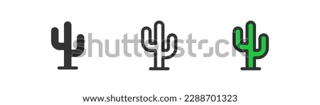Cactus icon on light background. Desert symbol. Sun, empty, plant, saguaro cactus. Outline, flat and colored style. Flat design. 