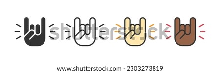 Rock hand icon on light background. Festival symbol. Fans, roker, rock-n-roll, gesture, music. Outline, flat and colored style. Flat design. 