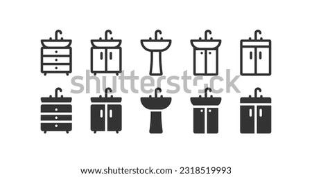 Different sink icon set. Bathroom symbol. Water, flow, kitchen, washbasin, wasing. Outline and flat style. Flat design. Vector illustration.