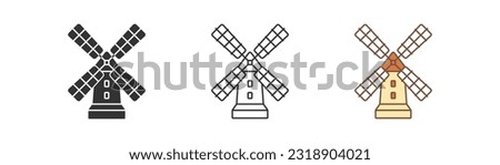 Flour wooden windmill icon isolated. Wind energy symbol. Wind, netherlands, holland windmill, bakery, bread. Outline, flat and colored style. Flat design. Vector illustration