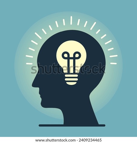 New bright idea symbol, lamp in human head, thinking about success solution, lightbulb as creativity metaphor. Flat style vector illustration.