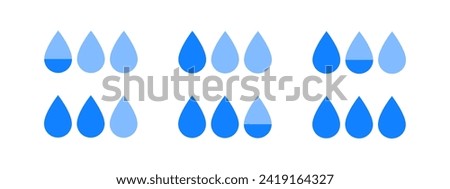 Blue water drop icon, half colored waterdrop. Droplet, rain symbol, children age feeding, shower concept. Flat vector illustration icon set.