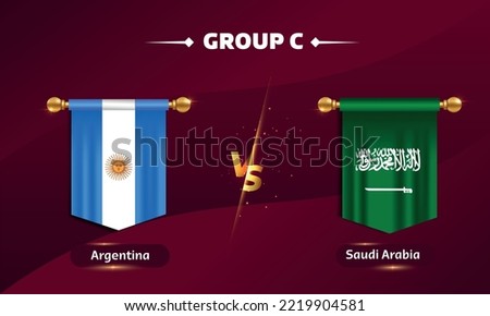 flag Argentina, flag Saudi Arabia, match versus group c on red background. vector illustration