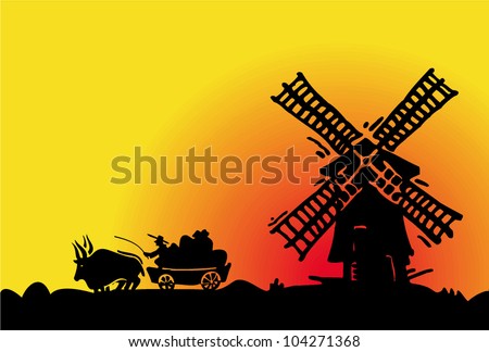 sunset landscape with a windmill and oxen