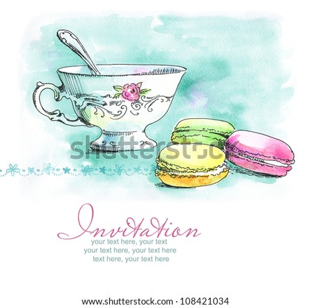 card with painted watercolor french dessert macaroons and a cup of tea