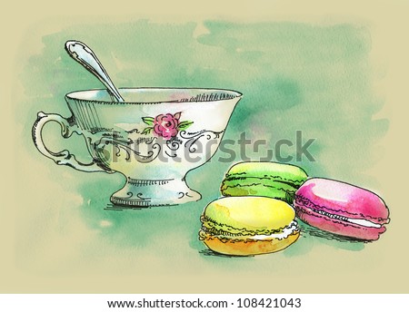 painted watercolor french dessert macaroons and a cup of tea