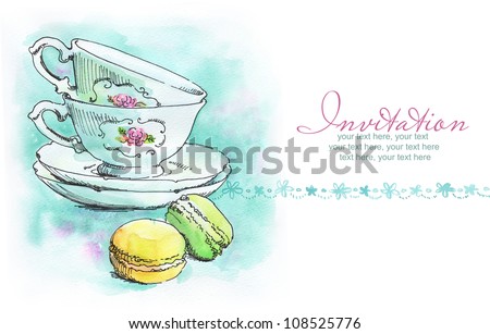 card with painted watercolor french dessert macaroons and tea cups