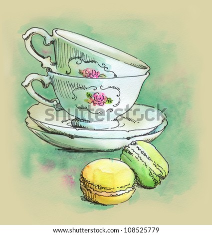 painted watercolor french dessert macaroons and tea cups