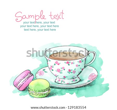card with painted watercolor french dessert macaroons and a cup of tea